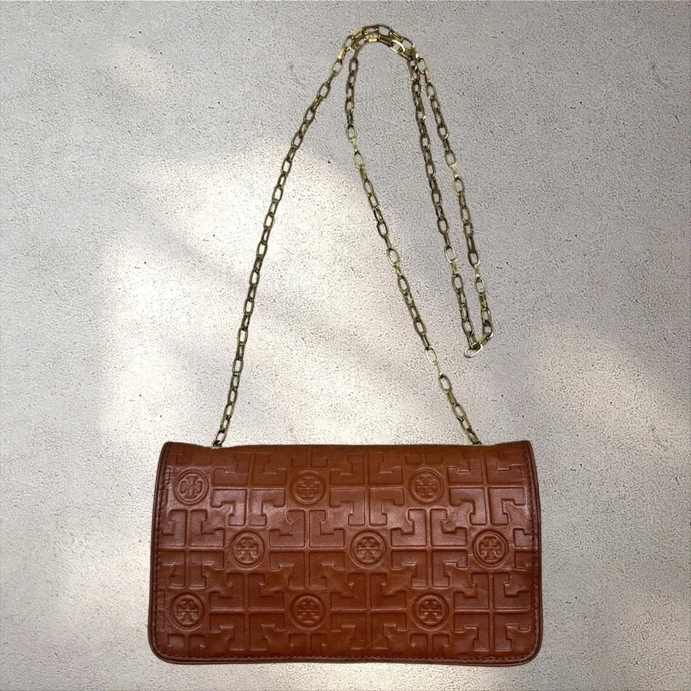 Tory‎ Burch Embossed Chain Wallet Crossbody Bag Brown Leather Logo Purse